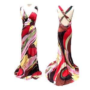 VTG Y2K Akira Satin Multi color Halter Dress Long flowy Size Medium